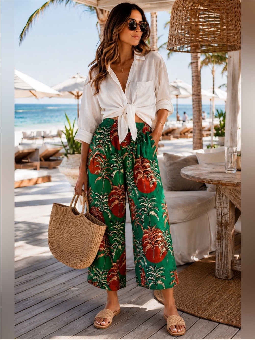 NWT NICOLE MILLER 100% European Linen Wide-Leg Pants Tropical Print, Women’s XL